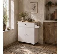 Wyld Haus Seto White & Oak Rolling Kitchen Island Drop Leaf Countertop Drawer Wyld Haus White