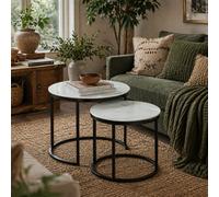Wyld Haus Sosuri Set Of 2 Round Nesting Tables - Marble-Effect Tempered Glass Tops, Powder-Coated Steel Frame, White And Black