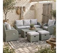 Wyld Haus Tanette Light Grey 7-Seater Rattan Outdoor Sofa Set With 2 Reclining Armchairs And 2 Footstools