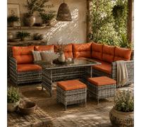 Wyld Haus Tasu Rattan 7-Seater Outdoor Corner Sofa Set Orange And Grey With Cushions And Glass Table