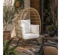Wyld Haus Tasudo Khaki Rattan-Style Egg Chair With White Cushions And Pillows, Single-Seat Outdoor Lounge Chair