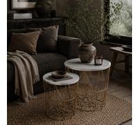 Wyld Haus Tokael Set Of 2 Round Nesting Side Tables With Removable Tops And Hidden Storage, White And Gold.