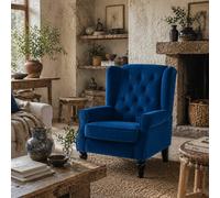 Wyld Haus Topano Blue Retro Wingback Accent Armchair - Diamond Button-Tufted Velvet-Effect Upholstery