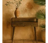 Wyld Haus Trapani Curved Console Table, Grey-Washed Mango Wood, 2 Drawers & Open Shelf, 900X900X350mm