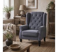Wyld Haus Vanola Grey Velvet-Effect Retro Wingback Accent Armchair With Diamond Button Tufting And Piped Arms