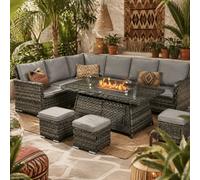 Wyld Haus Virire 9-Seater Grey Faux Rattan Garden Sofa Set With Integrated Fire Pit Table