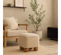 Wyld Haus Wailea Grey Boucle And Mango Wood Footstool With Ball Feet