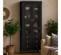 Wyld Haus Wildberry Matt Black Display Cabinet With 2 Glass Doors And 3 Drawers Leather Handles