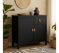 Wyld Haus Wildberry Matt Black Wooden Sideboard 2 Doors 1 Drawer With Brown Leather Tab Handles