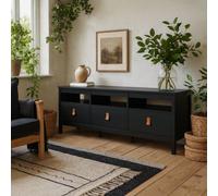 Wyld Haus Wildberry Matt Black Wooden Tv Unit With 3 Drawers And Leather Handles