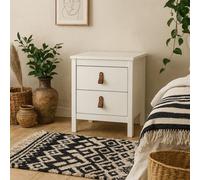 Wyld Haus Wildberry Matt White Bedside Table 2-Drawer Wooden Nightstand With Brown Leather Handles