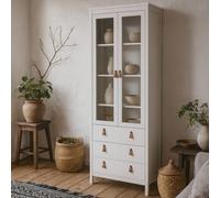 Wyld Haus Wildberry Matt White Wooden Display Cabinet, 2 Glass Doors, 3 Drawers, Leather Handles
