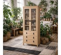Wyld Haus Wildberry Natural Oak Wood Glass China Cabinet 2 Doors 3 Drawers