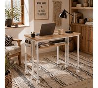 Wyld Haus Zika 80Cm Drop Leaf Writing Desk With Lockable Wheels, Natural Wood Finish And White Accents