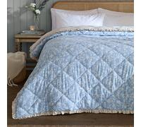 furn. Wylder Amelia Bedspread - Reversible Floral Quilted Ruffle Trim Coverlet Bedding (Delph Blue - 150x200cm)