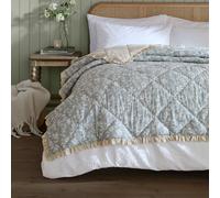 furn. Wylder Amelia Bedspread - Reversible Floral Quilted Ruffle Trim Coverlet Bedding (Delph Blue - 150x200cm)