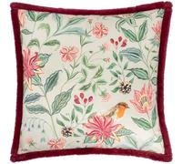 Wylder Beatrice Cushion Cover - Festive Velvet Floral Robin Cushion Case with Faux Fur Trim (Multicolour - 50x50cm)