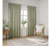 Wylder Bella Floral 100% Cotton Pencil Pleat Curtain Pair In Green Green 117cm width x 137cm drop