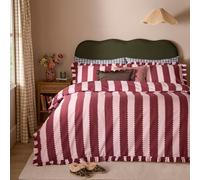furn. Wylder Birdie Stripe Duvet Cover Set - Reversible Ruffled Cotton Rich Striped Bedding (Burgundy/Blossom - Super King)