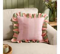 furn. Wylder Birdie Stripe Polyester Filled Cushion - Ruffle Edge Cotton Striped Decorative Pillow (Pink/Green - 45x45cm)