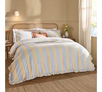 Wylder Birdie Stripe Duvet Cover Set - Reversible Ruffled Cotton Rich Striped Bedding (Lemon/Sky - King)