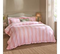 Wylder Birdie Stripe Duvet Cover Set - Reversible Ruffled Cotton Rich Striped Bedding (Pink/Raspberry - King)