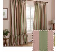 furn. Wylder Birdie Stripe Pencil Pleat Curtain Pair - Ruffled Cotton Striped Room Darkening Curtains (Pink/Green - Width 168 x Drop 229cm)