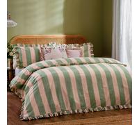 Wylder Nature Birdie Stripe Cotton Rich Frilled Duvet Cover Set, Pink/Green