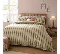 furn. Wylder Connie Duvet Cover Set - Reversible Cotton Rich Stripe Ruffle Linen Look Bedding (Olive - King)