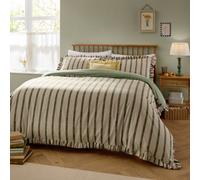 furn. Wylder Connie Duvet Cover Set - Reversible Cotton Rich Stripe Ruffle Linen Look Bedding (Moss - Single)