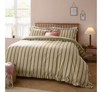 furn. Wylder Connie Duvet Cover Set - Reversible Cotton Rich Stripe Ruffle Linen Look Bedding (Olive - Single)