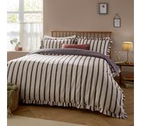 furn. Wylder Connie Duvet Cover Set - Reversible Cotton Rich Stripe Ruffle Linen Look Bedding (Chocolate - Double)