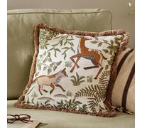 furn. Wylder Fable Fox and Deer Polyester Filled Cushion - Embroidered Woodland Forest Fringe Trim Decorative Pillow (Willow Green - 45x45cm)