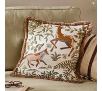 furn. Wylder Fable Fox and Deer Polyester Filled Cushion - Embroidered Woodland Forest Fringe Trim Decorative Pillow (Willow Green - 45x45cm)