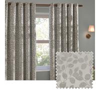 furn. Wylder Grace Leaf Eyelet Curtain Pair - Matt Satin Jacquard Room Darkening Curtains (Mist Grey - Width 229 x Drop 137cm)