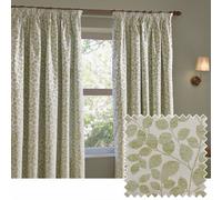 furn. Wylder Grace Leaf Pencil Pleat Curtain Pair - Matt Satin Jacquard Room Darkening Curtains (Sage - Width 168 x Drop 183cm)