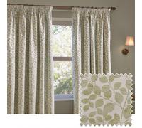 furn. Wylder Grace Leaf Pencil Pleat Curtain Pair - Matt Satin Jacquard Room Darkening Curtains (Sage - Width 229 x Drop 183cm)