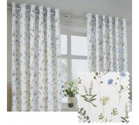 furn. Wylder Meadow Eyelet Curtain Pair - 100% Cotton Country Floral Lined Drapes (White/Cornflower - 168x137cm)