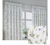 furn. Wylder Meadow Pencil Pleat Curtain Pair - 100% Cotton Country Floral Lined Drapes (White/Cornflower - 168x229cm)