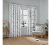 Wylder Nature Meadow Room Darkening Pencil Pleat Curtain Pair - 100% Cotton Country Floral Lined Drapes (White/Cornflower - L 137 x W 117cm - 2 Pannels)