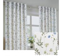 furn. Wylder Meadow Eyelet Curtain Pair - 100% Cotton Country Floral Lined Drapes (White/Cornflower - 229x183cm)