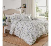 Wylder Nature Meadow Duvet Cover Set - 100% Tumbled Cotton Floral Bedding with Bow Closures (White/Cornflower - Double)