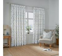 Wylder Nature Meadow Room Darkening Pencil Pleat Curtain Pair - 100% Cotton Country Floral Lined Drapes (White/Cornflower - L 137 x W 117cm - 2 Pannels)