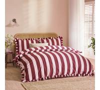 furn. Wylder Birdie Stripe Duvet Cover Set - Reversible Ruffled Cotton Rich Striped Bedding (Burgundy/Blossom - Double)