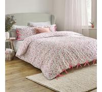 Wylder Nature Hannah Duvet Cover Set - 100% Tumbled Cotton Floral Bedding with Bow Closures (Pink - Double)