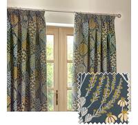 Wylder Nature Ophelia Floral Jacquard Pencil Pleat Curtains - 2 Panels - Width x Drop - 229 x 229cm (90 x 90) - Blue/Saffron