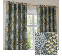 furn. Wylder Ophelia Room Darkening Eyelet Curtain Pair - Bold Botanical Floral Jacquard Drapes (Blue/Saffron - L 229 x W 229cm - 2 Panels)