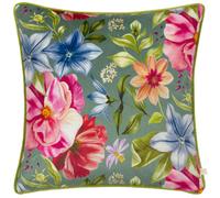 Wylder Nectar Garden Petunia Piped Velvet Floral Cushion Cover - Teal - 43cm x 43cm - Teal - 100% Polyester