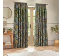 Wylder Ophelia Jacquard Floral Pencil Pleat Curtains - Blue/Saffron - 117cm x 183cm - Blue/Saffron - 100% Polyester