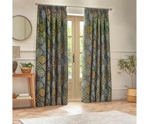 Wylder Ophelia Jacquard Floral Pencil Pleat Curtains - Blue/Saffron - 229cm x 183cm - Blue/Saffron - 100% Polyester